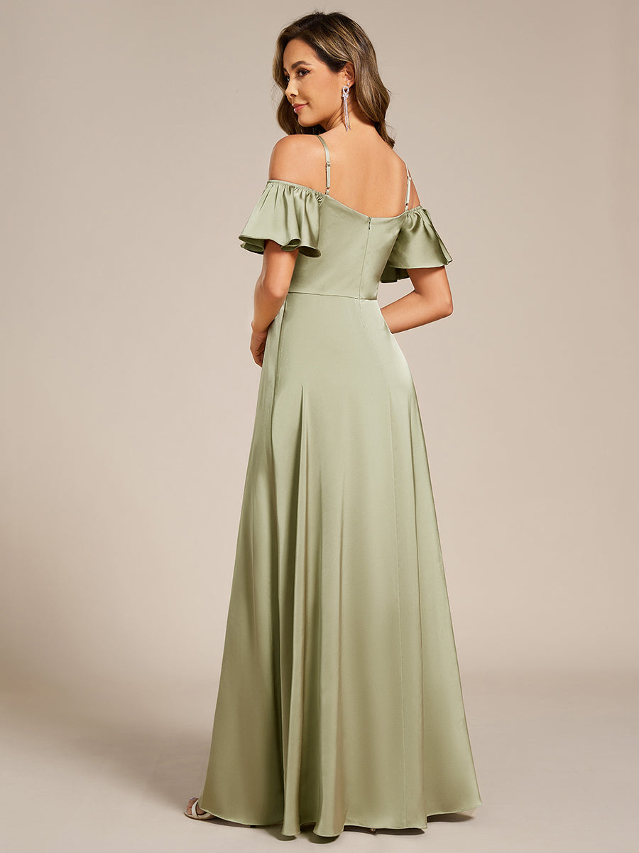 Robe de demoiselle d'honneur en satin à manches courtes et épaules dénudées #Couleur_Vert sauge