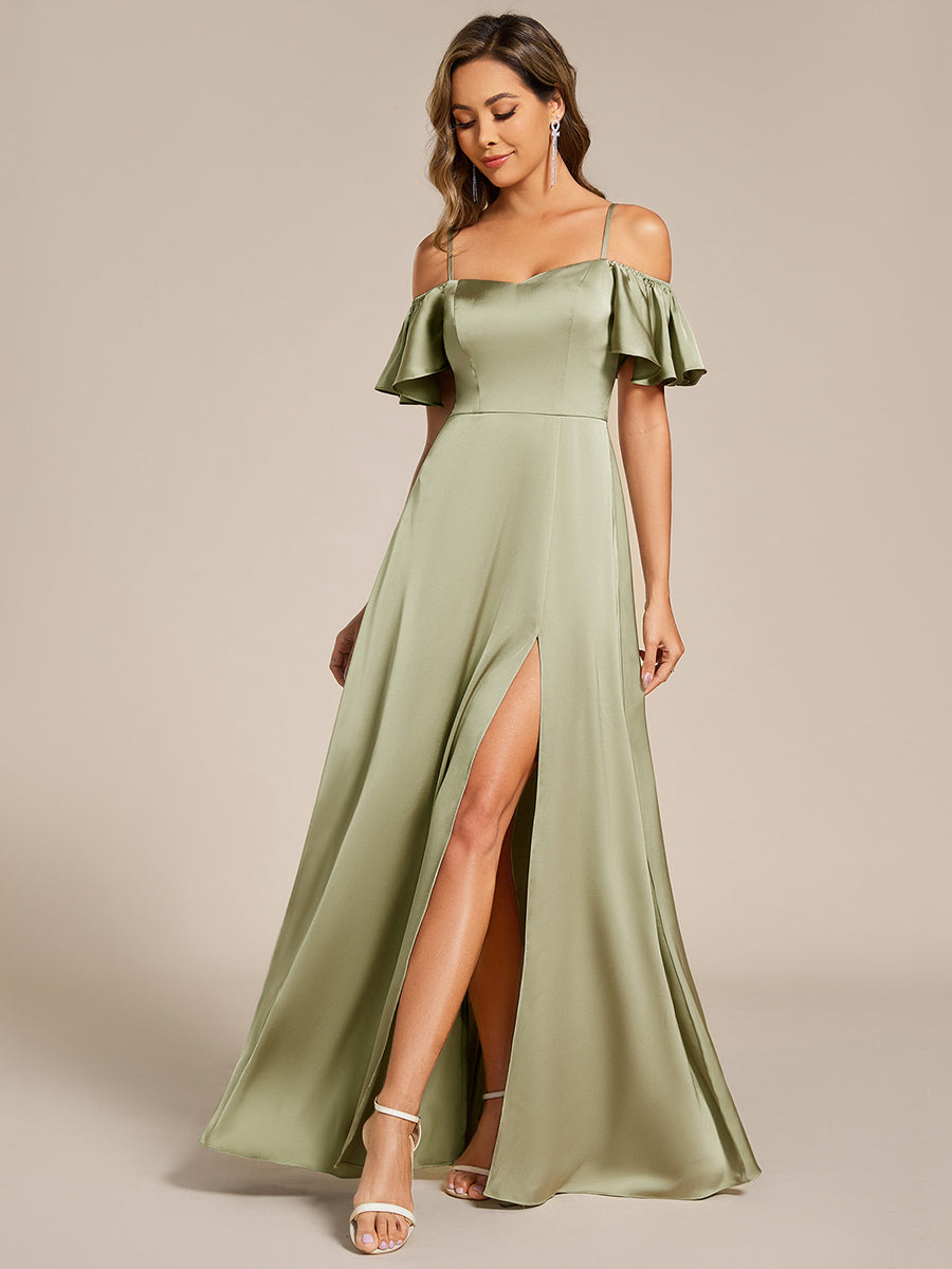 Robe de demoiselle d'honneur en satin à manches courtes et épaules dénudées #Couleur_Vert sauge