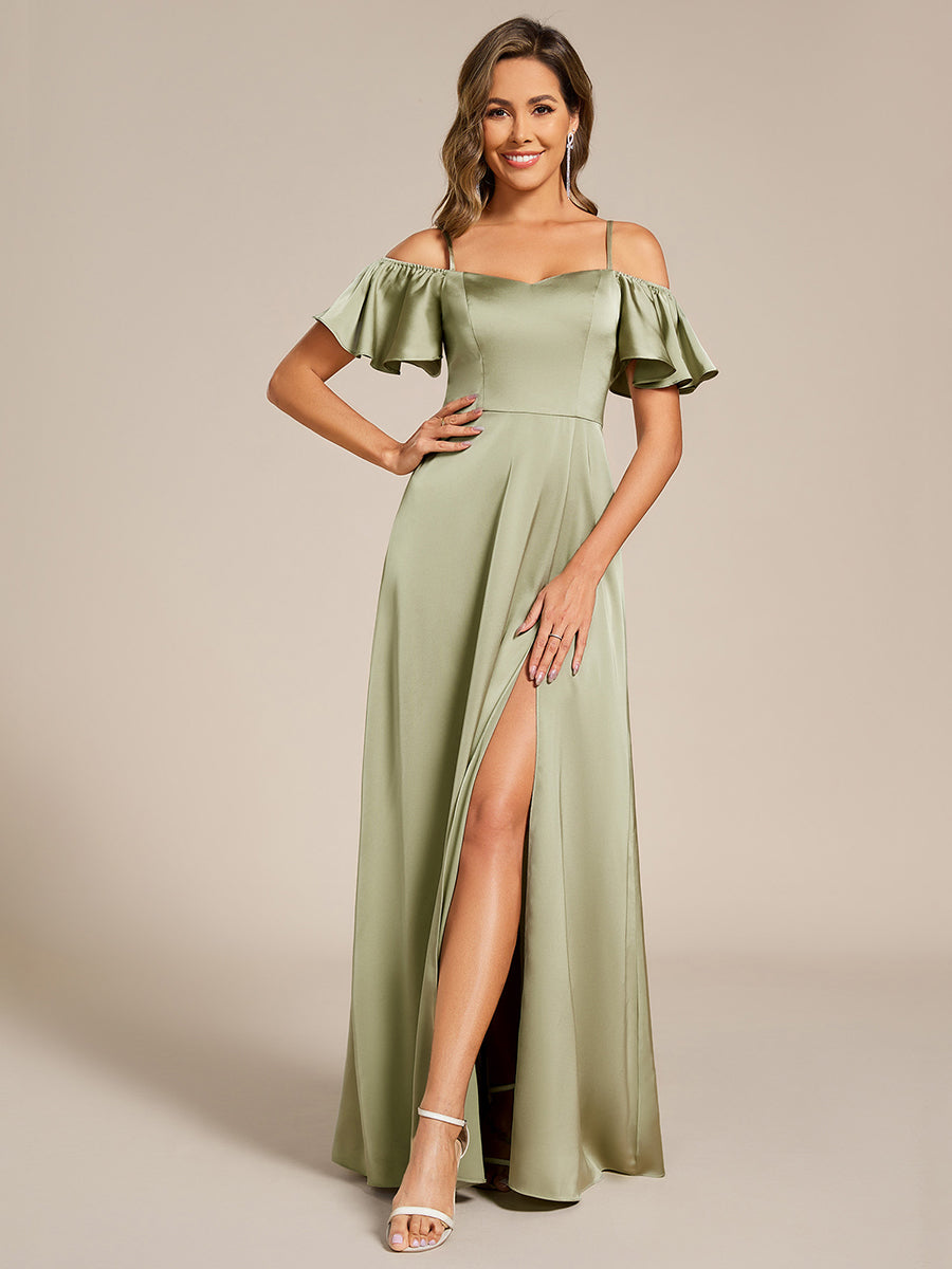 Robe de demoiselle d'honneur en satin à manches courtes et épaules dénudées #Couleur_Vert sauge