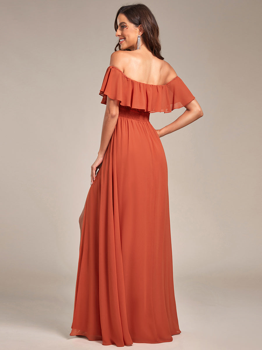 Robe de demoiselle d'honneur en mousseline à épaules dénudées et fente haute #Couleur_Burnt Orange