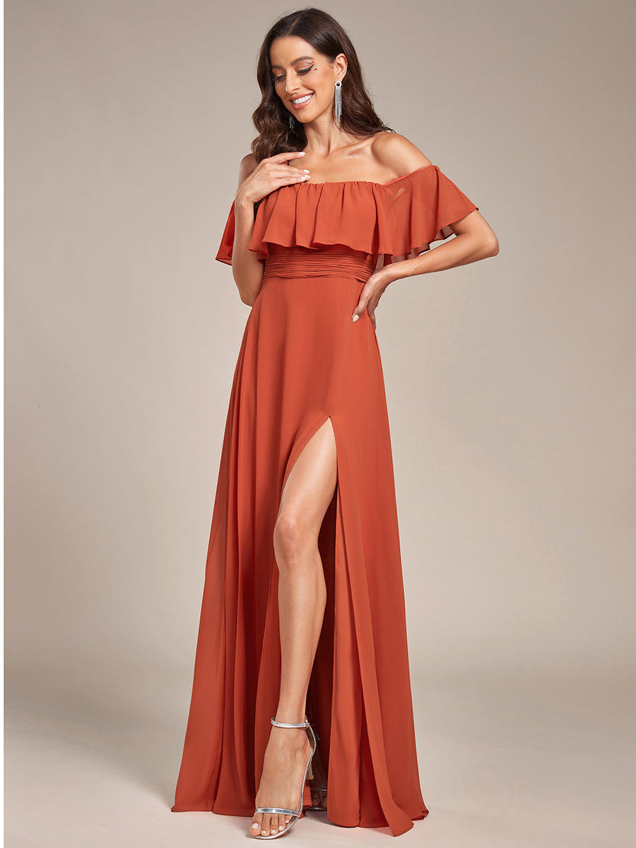 Robe de demoiselle d'honneur en mousseline à épaules dénudées et fente haute #Couleur_Burnt Orange