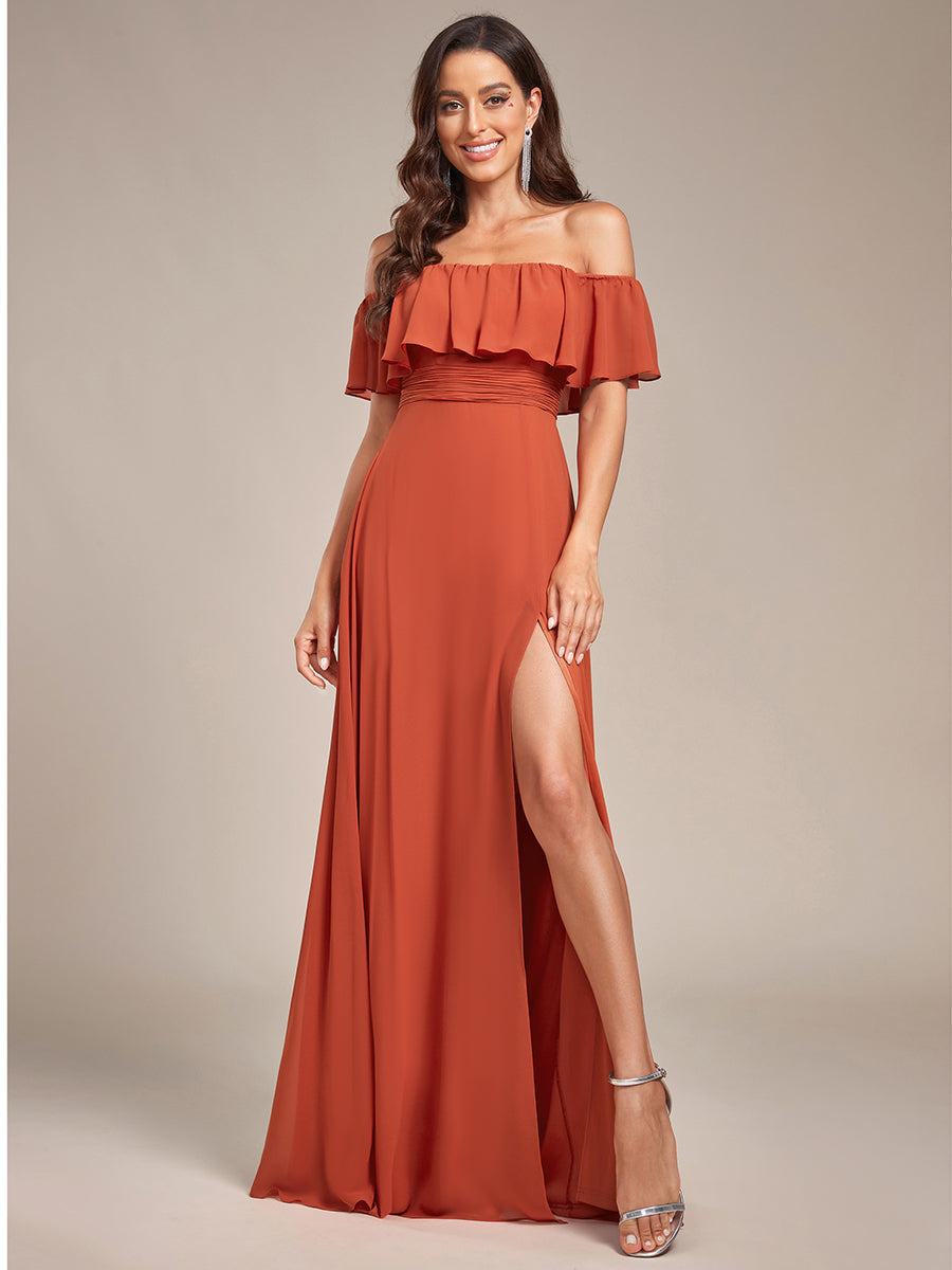 Robe de demoiselle d'honneur en mousseline à épaules dénudées et fente haute #Couleur_Burnt Orange