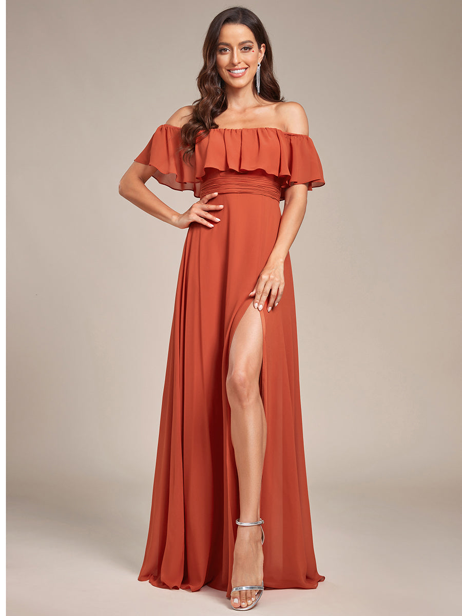 Robe de demoiselle d'honneur en mousseline à épaules dénudées et fente haute #Couleur_Burnt Orange