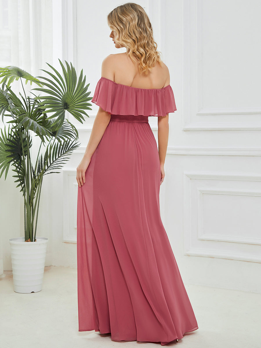 Robe Demoiselle d'Honneur belle Longue Fendue à épaules Dénudées #Couleur_Rose corail