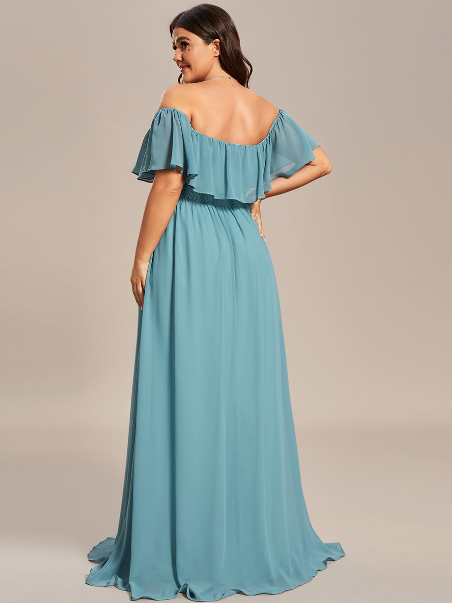 Robe de demoiselle d'honneur en mousseline à épaules dénudées et fente haute #Couleur_Bleu Fume