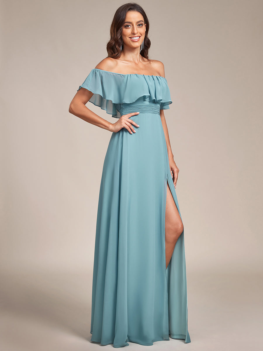 Robe de demoiselle d'honneur en mousseline à épaules dénudées et fente haute #Couleur_Bleu Fume