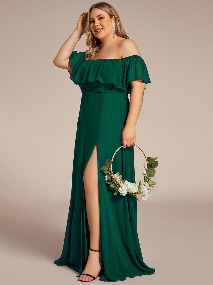 Robe de demoiselle d'honneur en mousseline à épaules dénudées et fente haute #Couleur_Vert Fonce