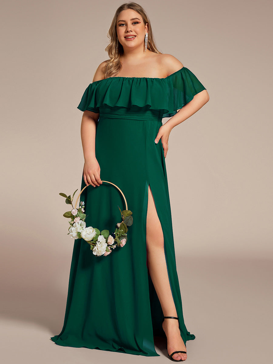 Robe de demoiselle d'honneur en mousseline à épaules dénudées et fente haute #Couleur_Vert Fonce