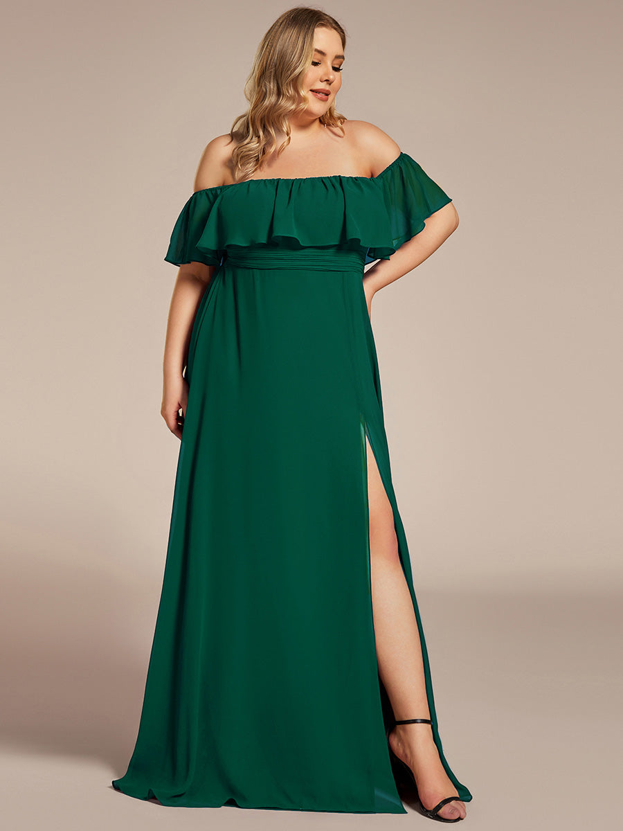 Robe de demoiselle d'honneur en mousseline à épaules dénudées et fente haute #Couleur_Vert Fonce