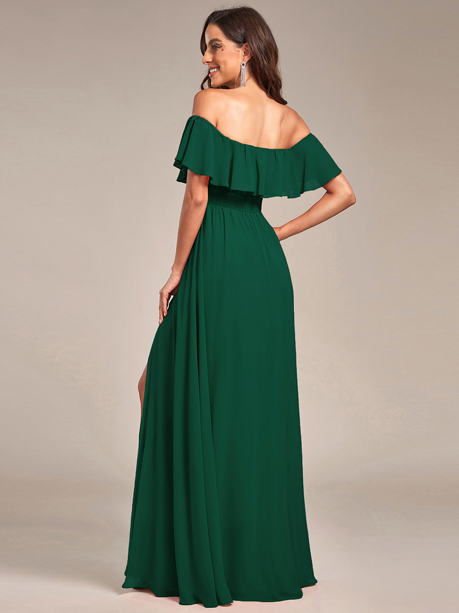 Robe de demoiselle d'honneur en mousseline à épaules dénudées et fente haute #Couleur_Vert Fonce