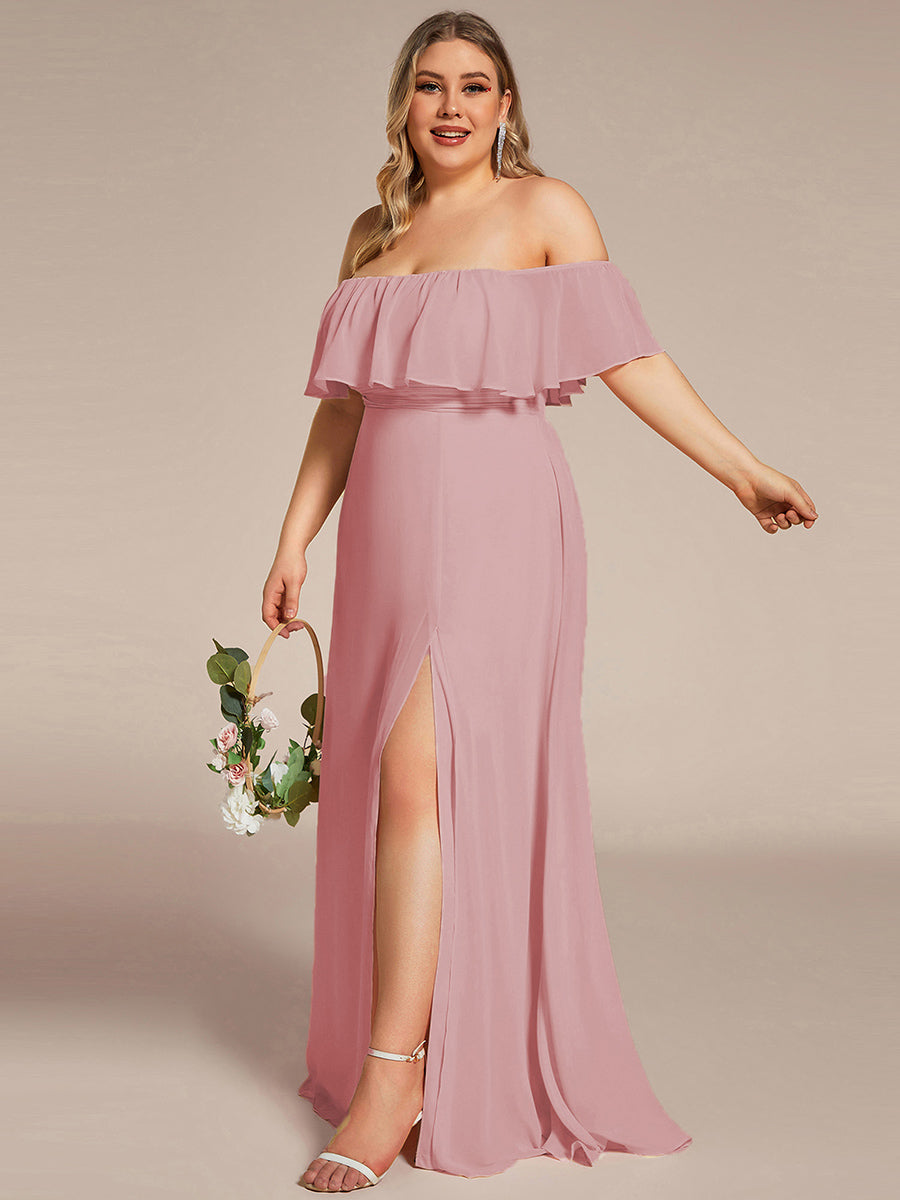 Robe de demoiselle d'honneur en mousseline à épaules dénudées et fente haute #Couleur_Rose fumee