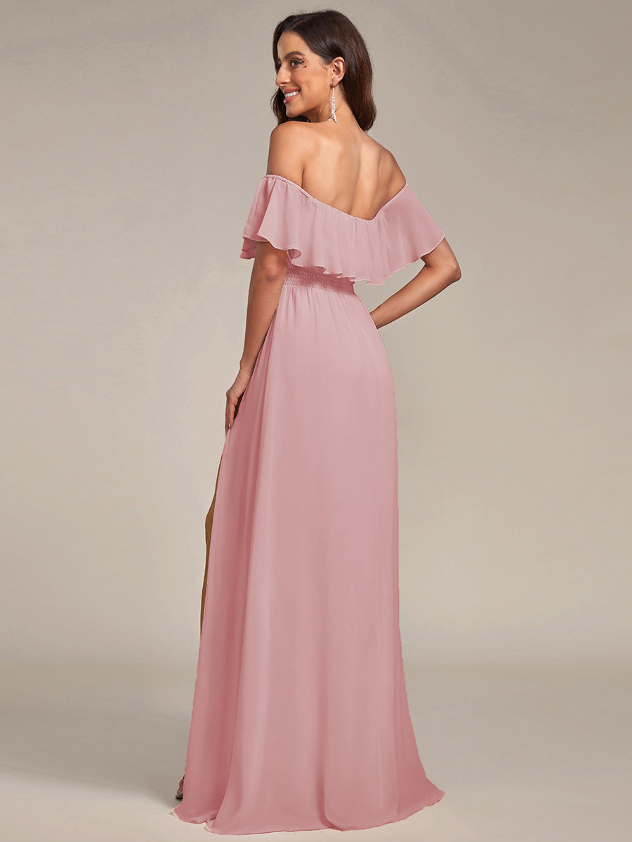 Robe de demoiselle d'honneur en mousseline à épaules dénudées et fente haute #Couleur_Rose fumee