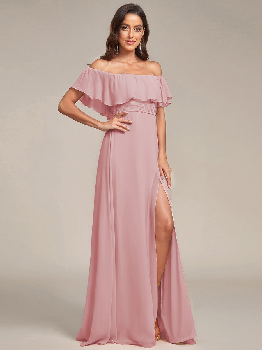 Robe de demoiselle d'honneur en mousseline à épaules dénudées et fente haute #Couleur_Rose fumee