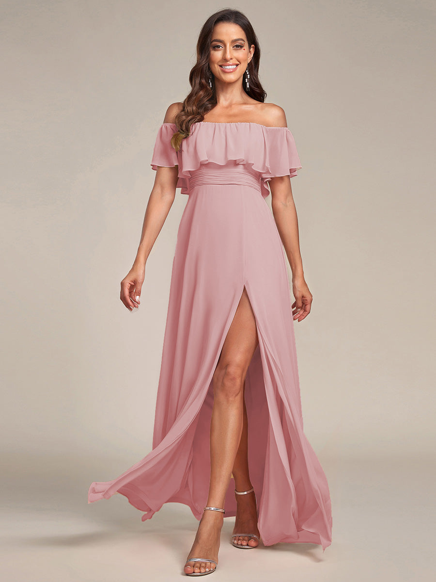 Robe de demoiselle d'honneur en mousseline à épaules dénudées et fente haute #Couleur_Rose fumee