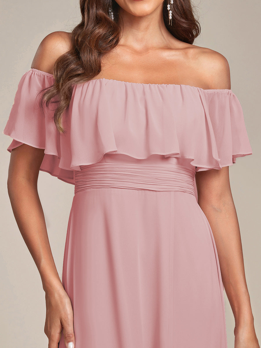 Robe de demoiselle d'honneur en mousseline à épaules dénudées et fente haute #Couleur_Rose fumee