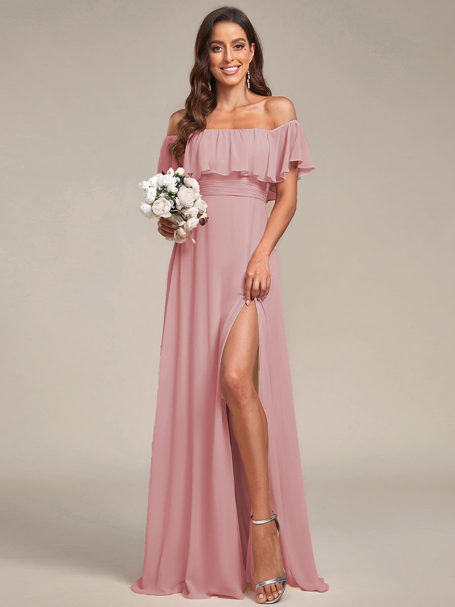 Robe de demoiselle d'honneur en mousseline à épaules dénudées et fente haute #Couleur_Rose fumee