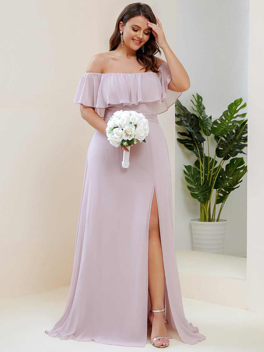 Robe de demoiselle d'honneur en mousseline à épaules dénudées et fente haute #Couleur_Lilas