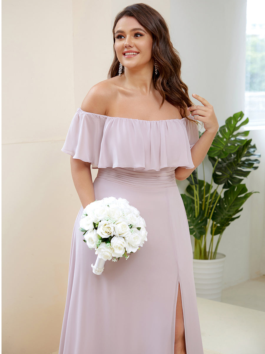 Robe de demoiselle d'honneur en mousseline à épaules dénudées et fente haute #Couleur_Lilas