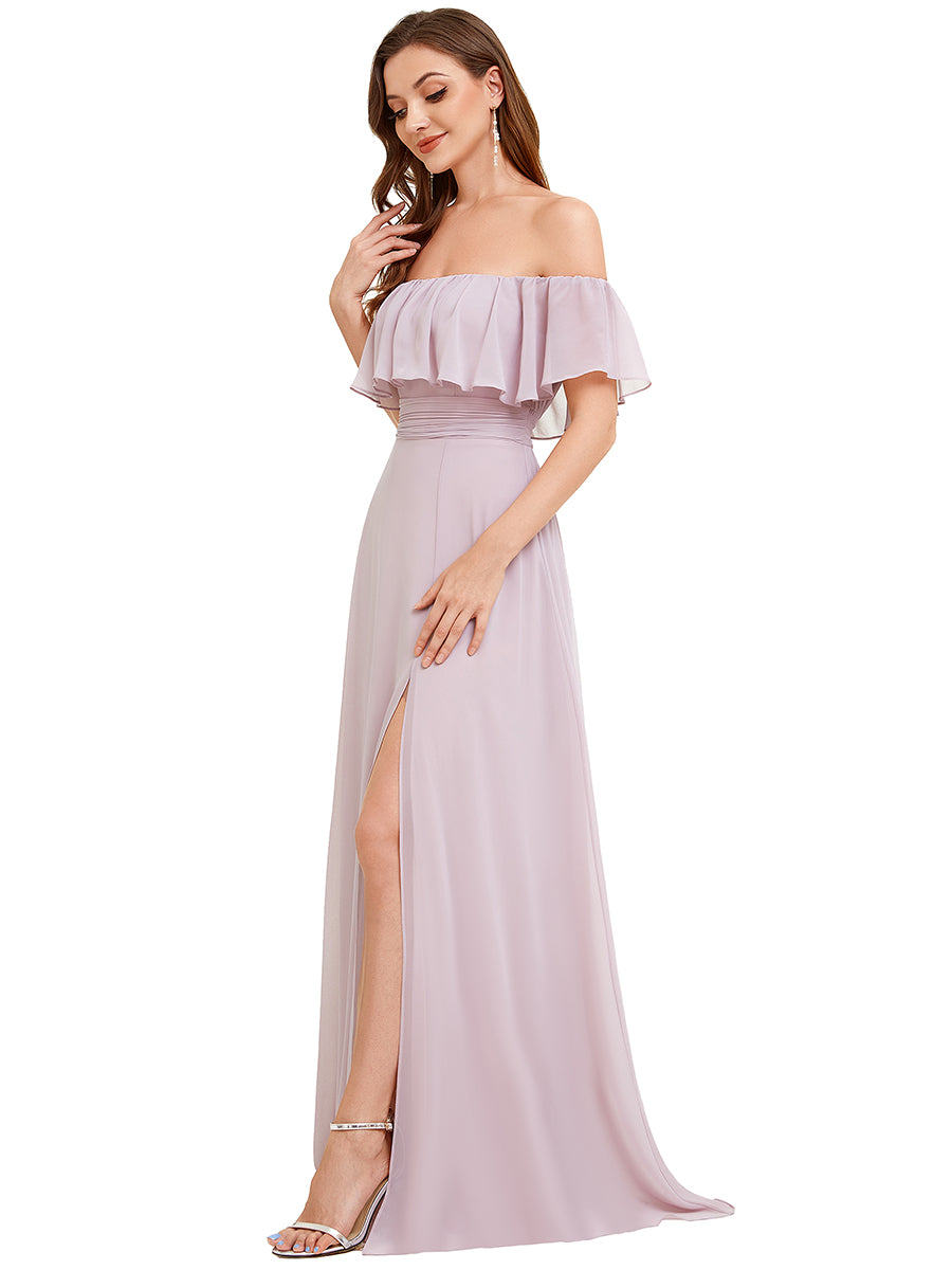 Robe de demoiselle d'honneur en mousseline à épaules dénudées et fente haute #Couleur_Lilas