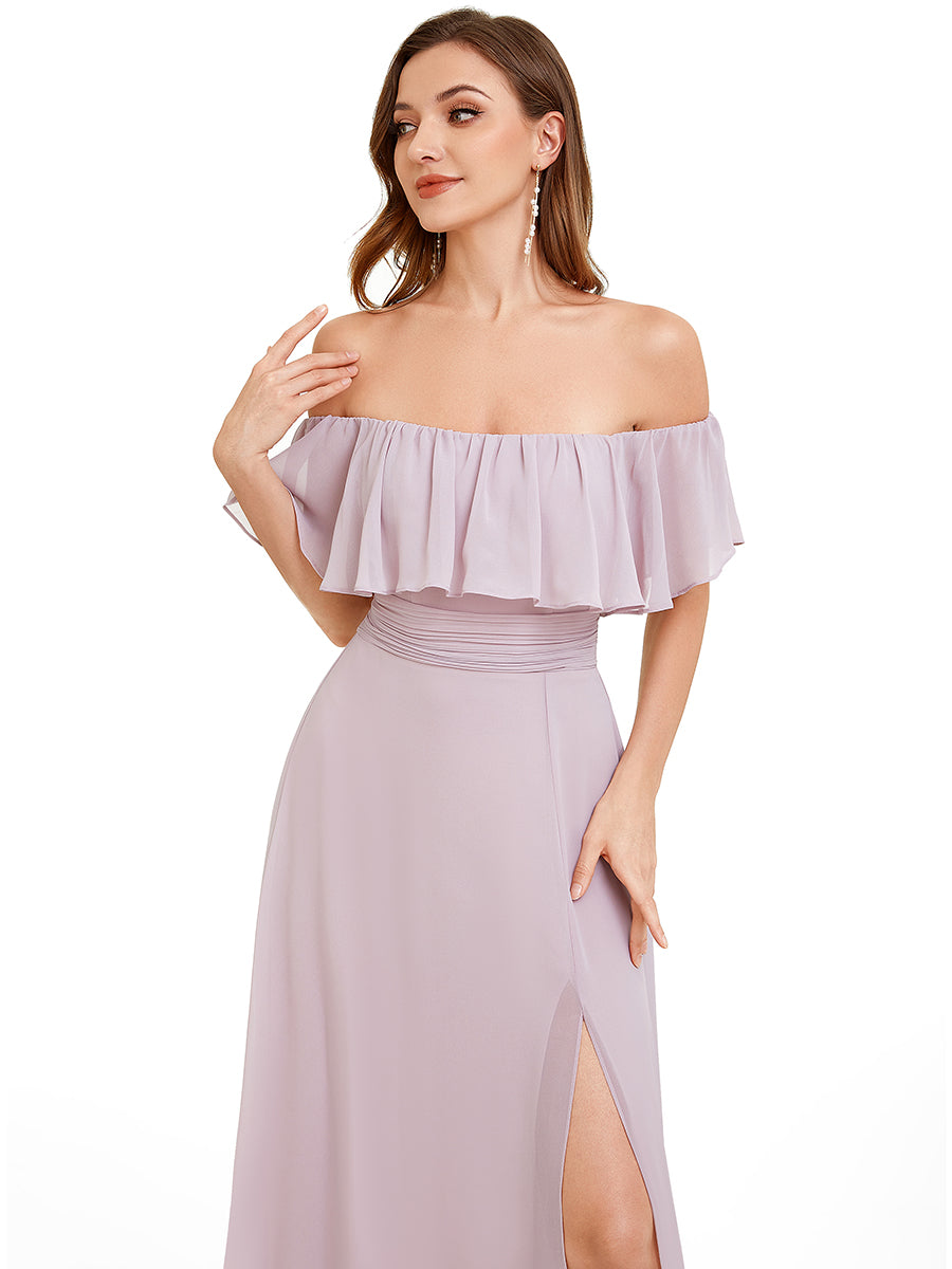 Robe de demoiselle d'honneur en mousseline à épaules dénudées et fente haute #Couleur_Lilas