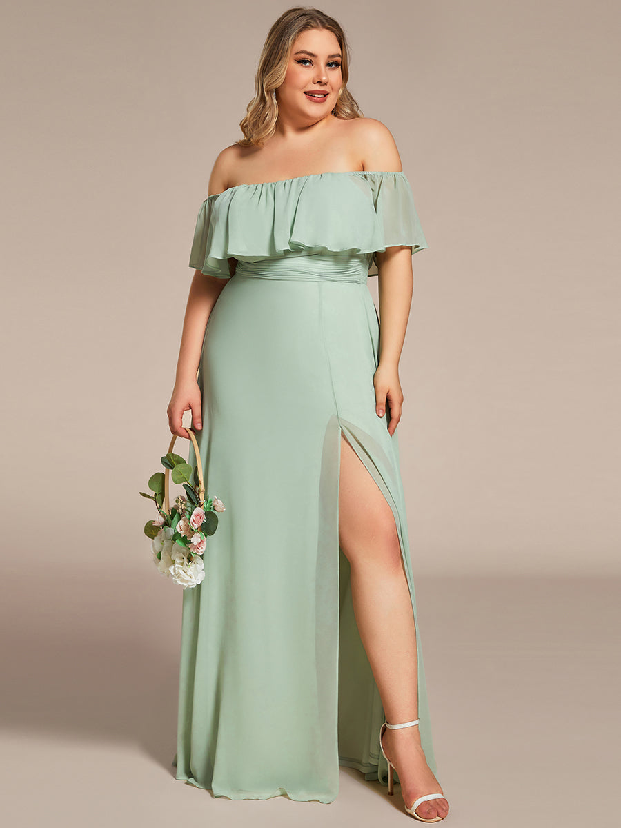 Robe de demoiselle d'honneur en mousseline à épaules dénudées et fente haute #Couleur_Menthe Verte