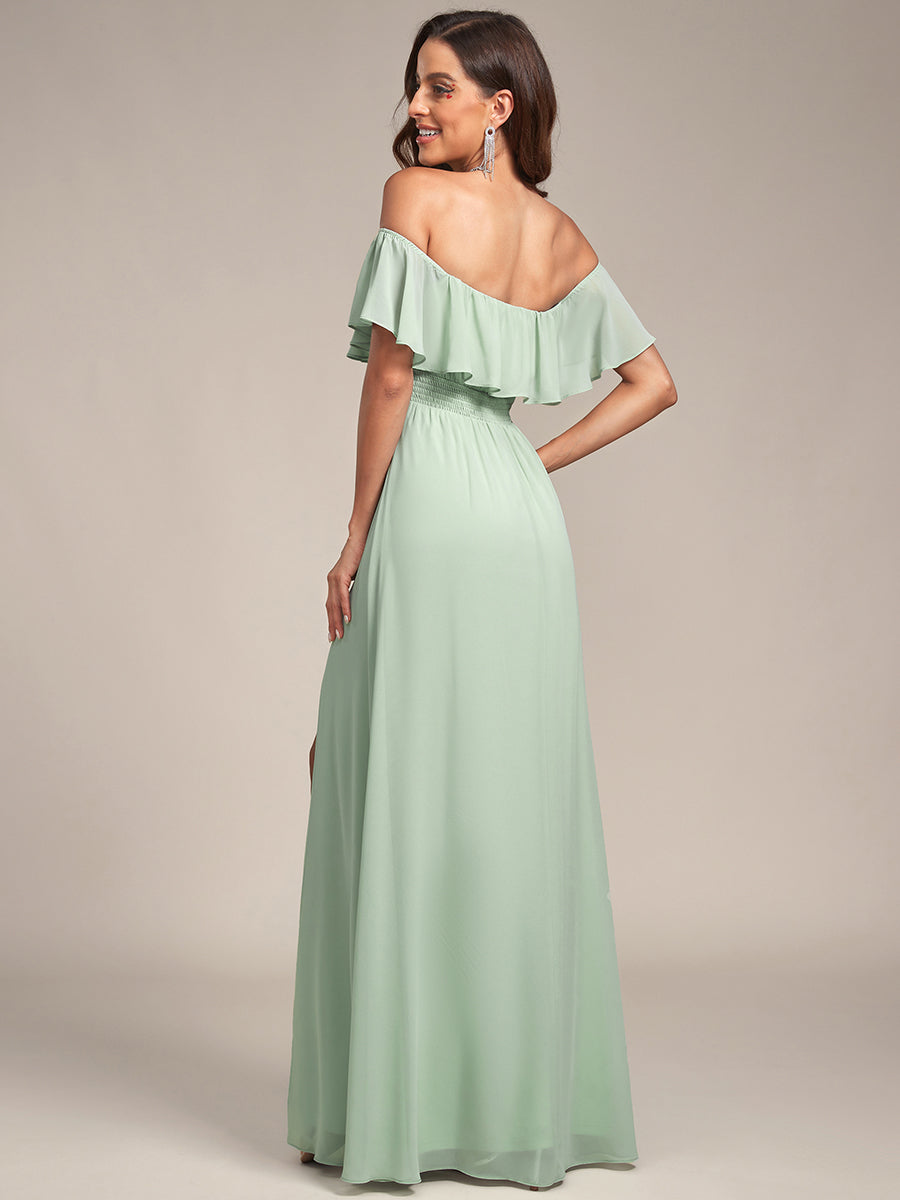 Robe de demoiselle d'honneur en mousseline à épaules dénudées et fente haute #Couleur_Menthe Verte