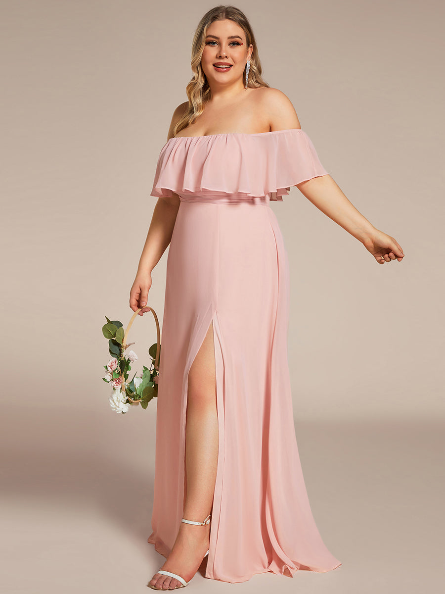 Robe de demoiselle d'honneur en mousseline à épaules dénudées et fente haute #Couleur_Rose