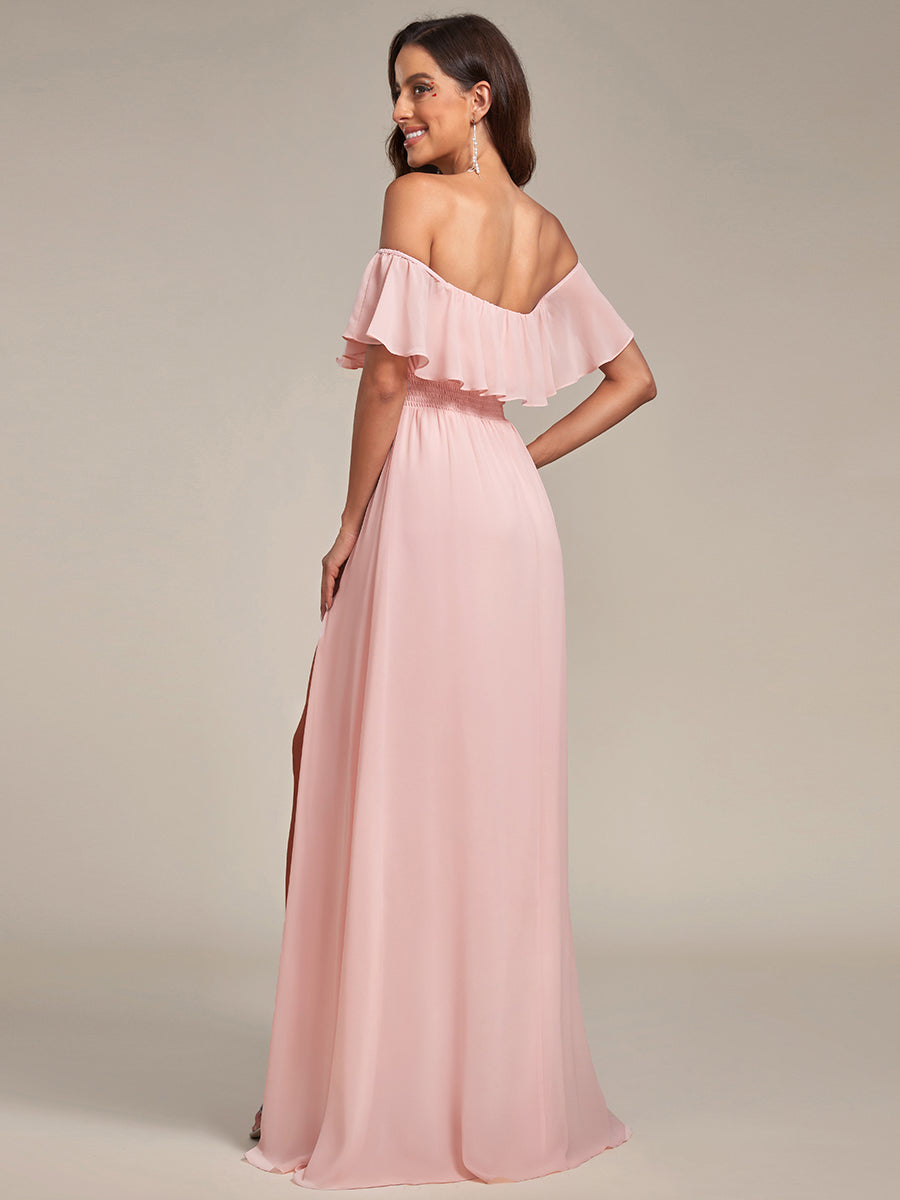 Robe de demoiselle d'honneur en mousseline à épaules dénudées et fente haute #Couleur_Rose