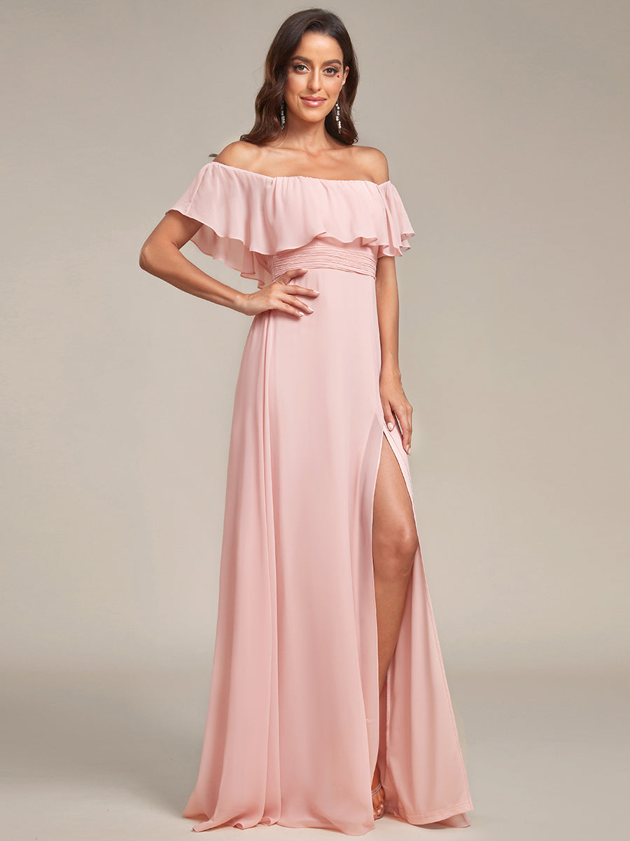 Robe de demoiselle d'honneur en mousseline à épaules dénudées et fente haute #Couleur_Rose