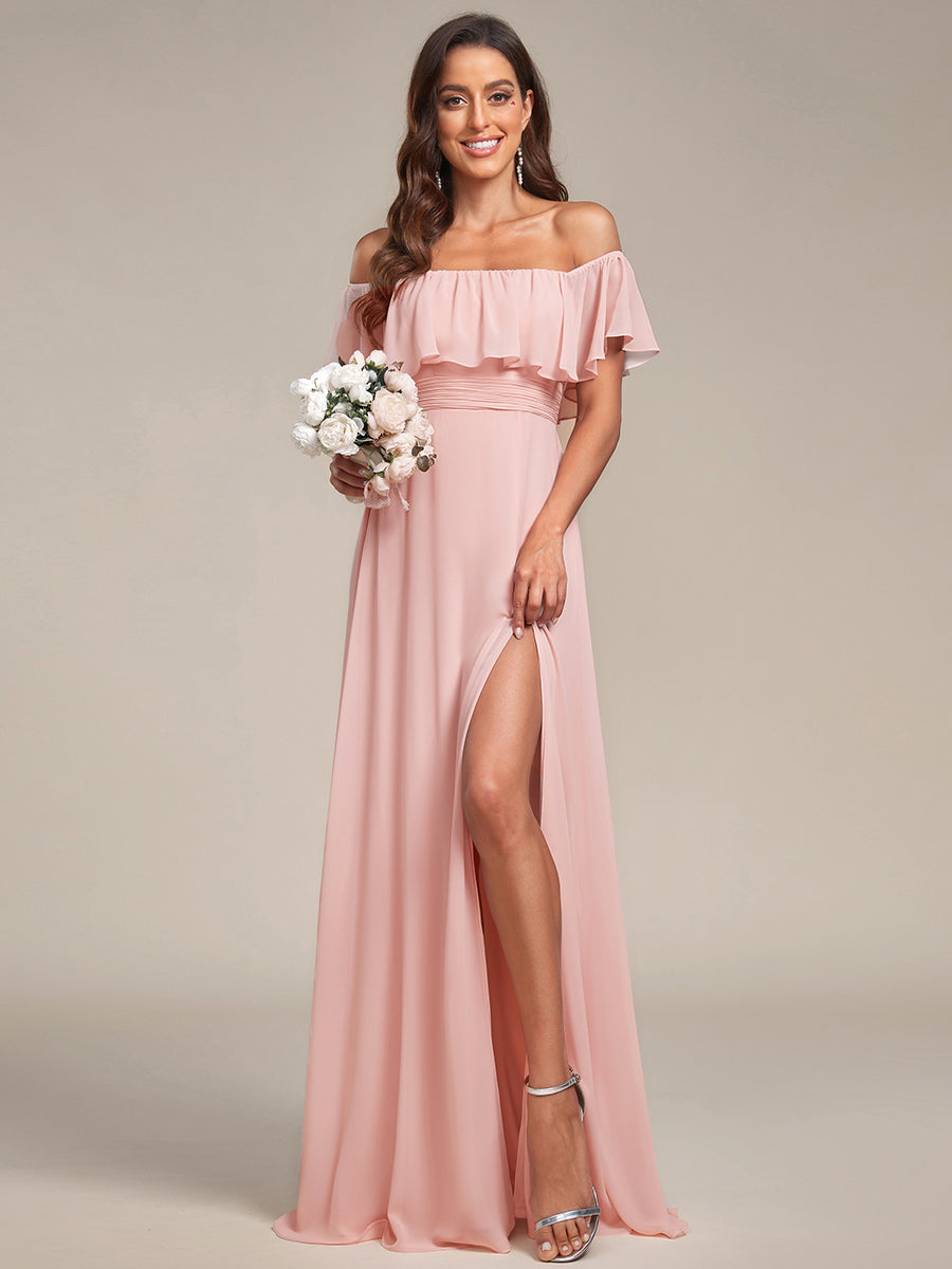 Robe de demoiselle d'honneur en mousseline à épaules dénudées et fente haute #Couleur_Rose