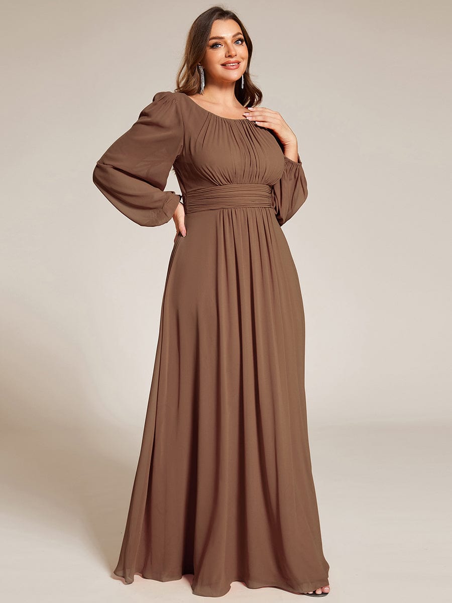 Robe de demoiselle d'honneur plissée à manches longues transparente de grande taille #Couleur_Marron