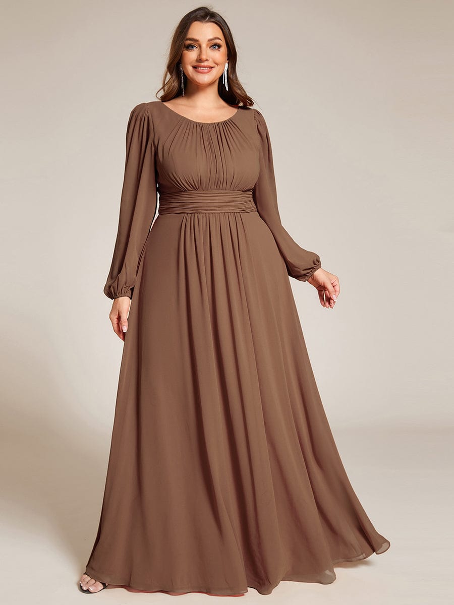 Robe de demoiselle d'honneur plissée à manches longues transparente de grande taille #Couleur_Marron