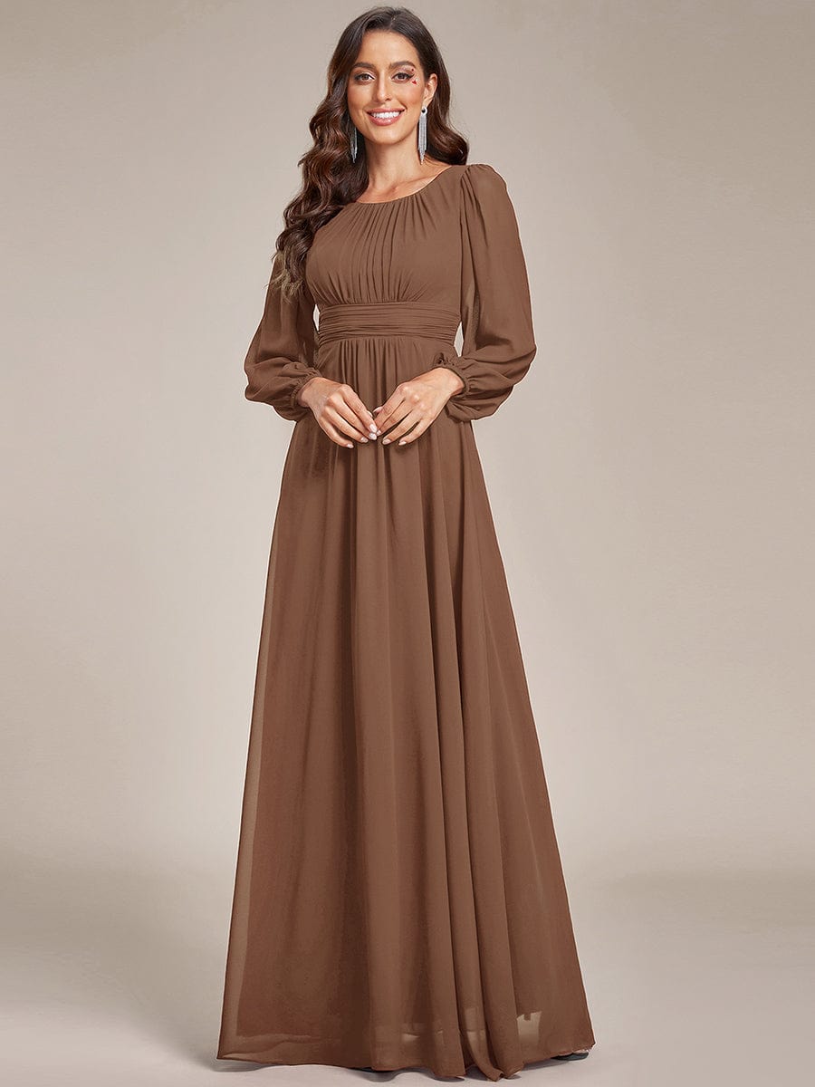 Robe de demoiselle d'honneur plissée à manches longues transparente de grande taille #Couleur_Marron