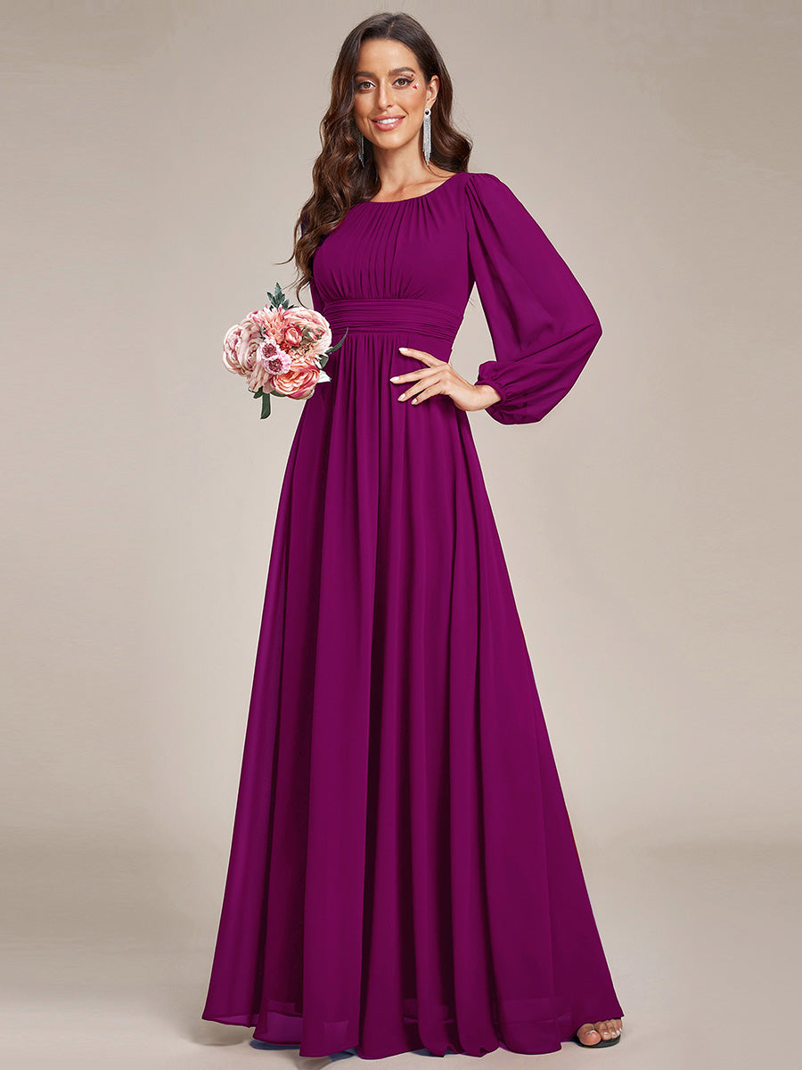 Robe demoiselle d'honneur en mousseline à taille haute Manches bouffantes #Couleur_Fuchsia