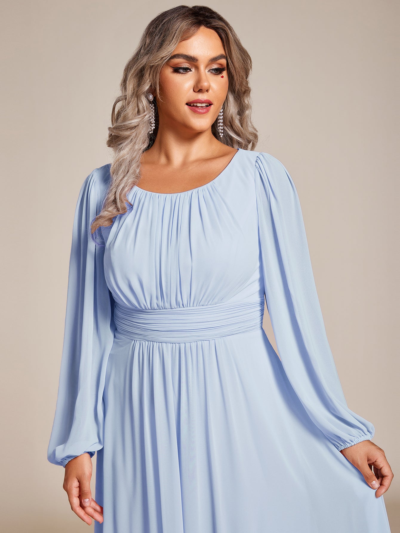 Taille personnalisée Robe demoiselle d'honneur en mousseline à taille haute Manches bouffantes #Couleur_Bleu Glace