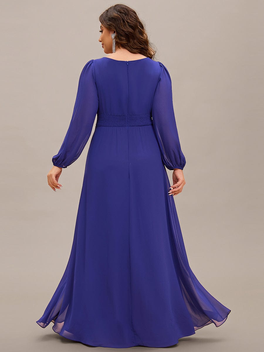 Robe de demoiselle d'honneur plissée à manches longues transparente de grande taille #Couleur_Bleu Saphir