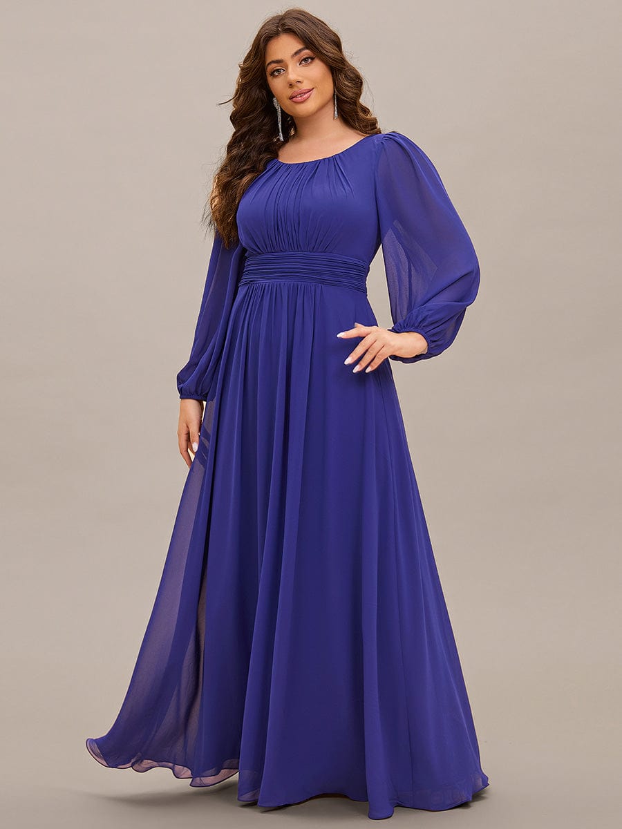 Robe de demoiselle d'honneur plissée à manches longues transparente de grande taille #Couleur_Bleu Saphir