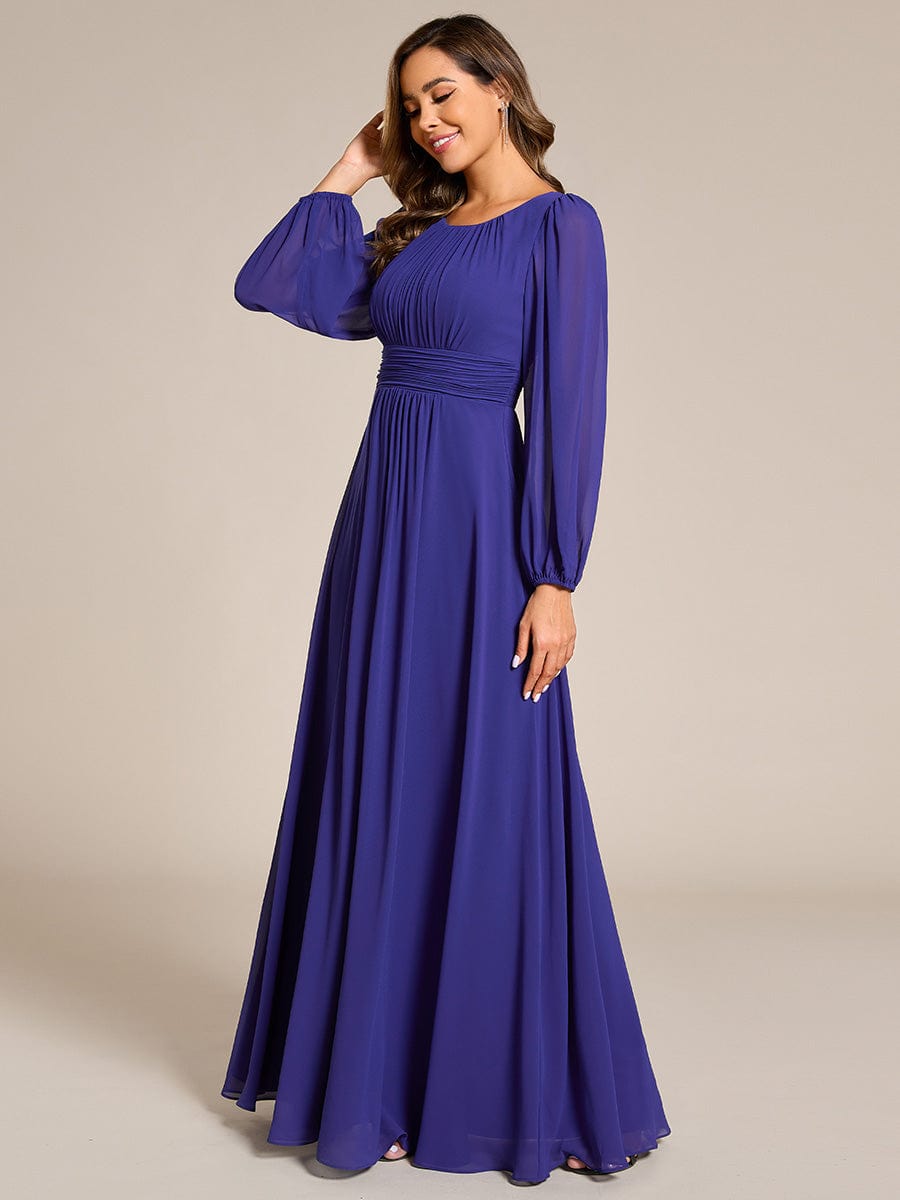 Robe de demoiselle d'honneur plissée à manches longues transparente de grande taille #Couleur_Bleu Saphir