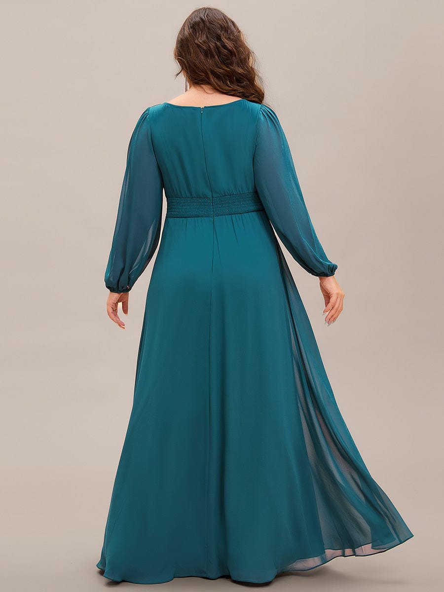 Robe de demoiselle d'honneur plissée à manches longues transparente de grande taille #Couleur_Bleu Sarcelle