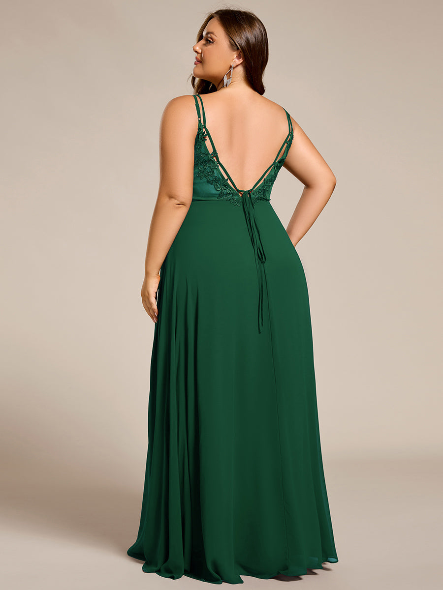 Robe demoiselle d'honneur mousseline et dentelle dos nu bretelles fines #Couleur_Vert Fonce