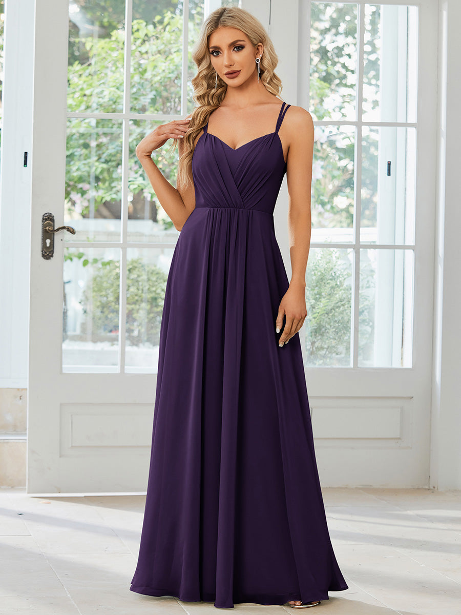 Robe demoiselle d'honneur mousseline et dentelle dos nu bretelles fines #Couleur_Violet Fonce