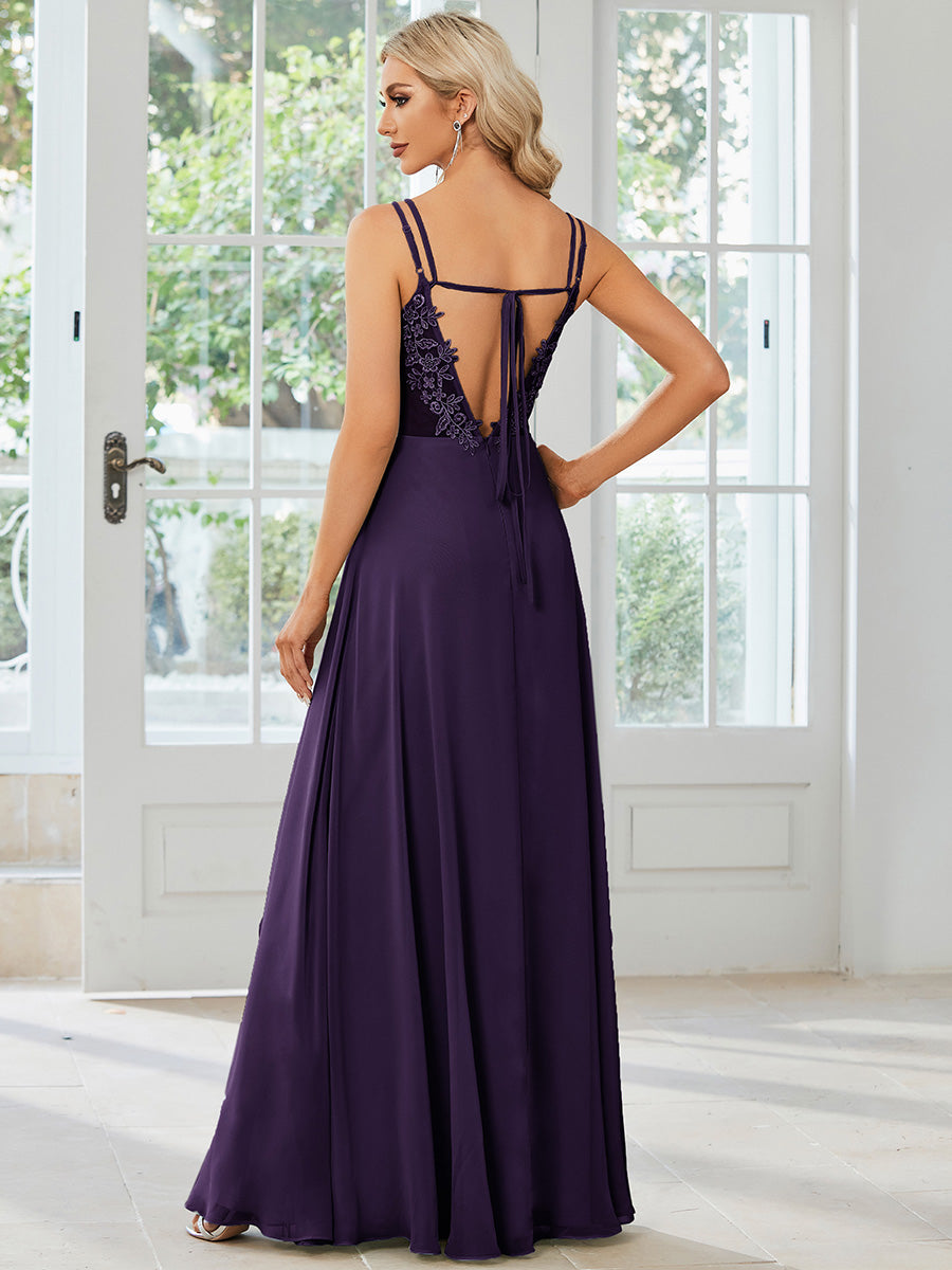 Robe demoiselle d'honneur mousseline et dentelle dos nu bretelles fines #Couleur_Violet Fonce