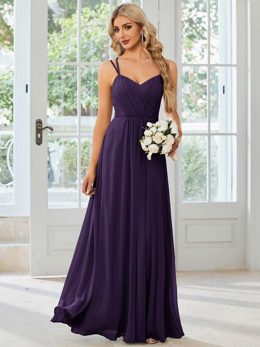 Robe demoiselle d'honneur mousseline et dentelle dos nu bretelles fines #Couleur_Violet Fonce