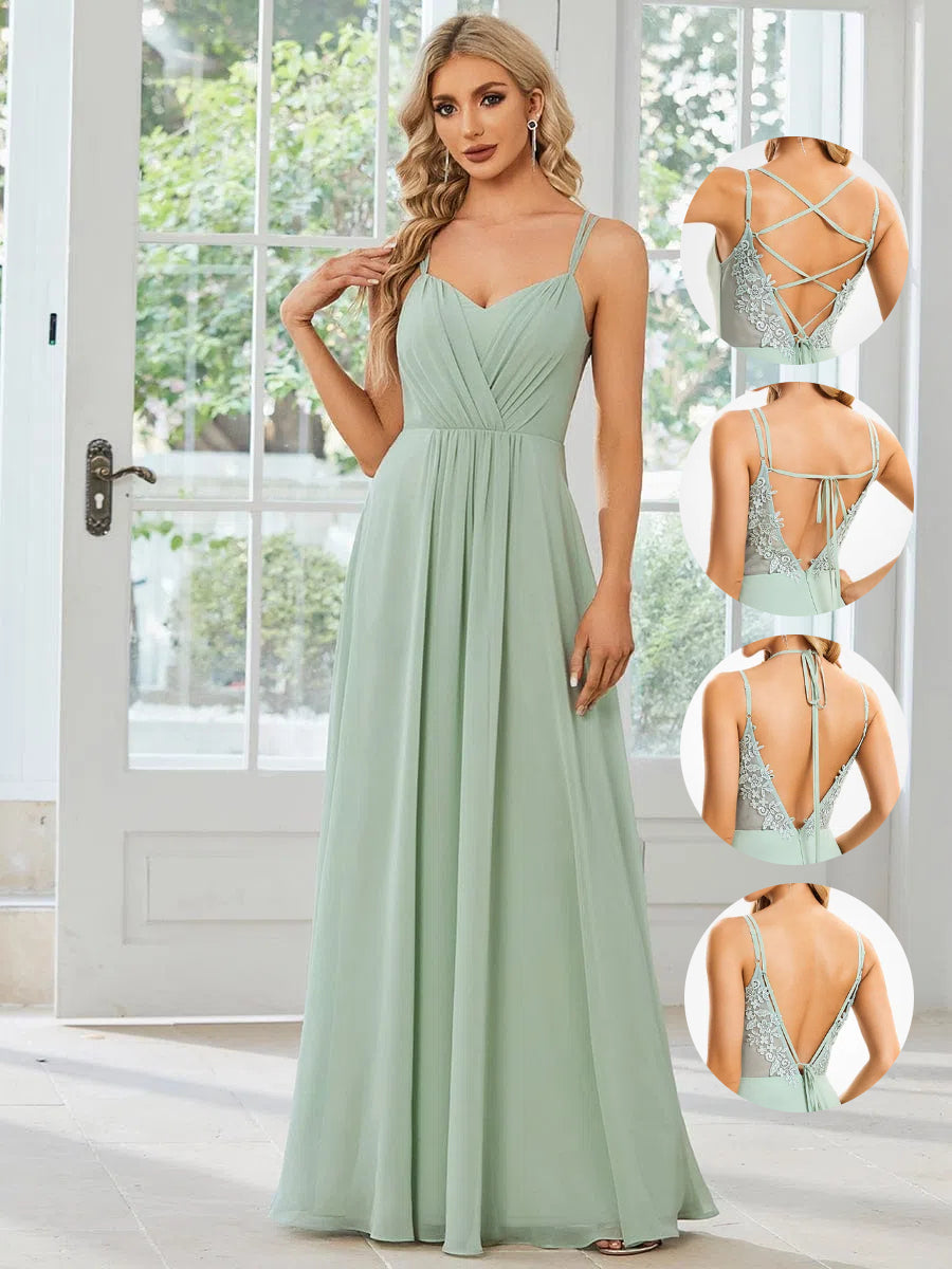 Robe demoiselle d'honneur mousseline et dentelle dos nu bretelles fines #Couleur_Menthe Verte