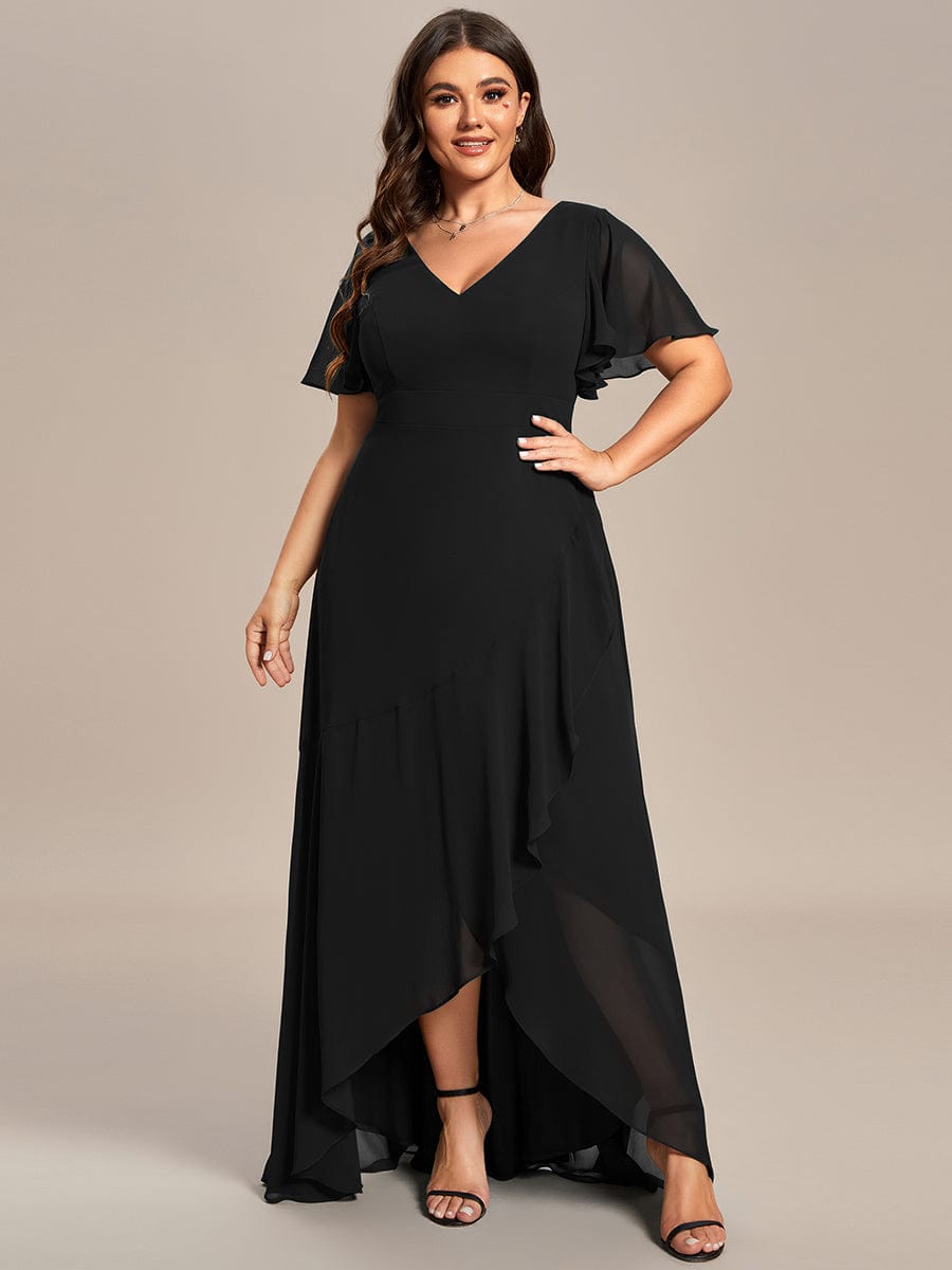 Robe demoiselle d'honneur mousseline élégante Manches lotus grande taille #Couleur_Noir