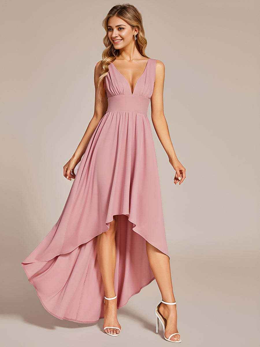 Robe de soirée longue au sol à taille empire et à encolure en V #Couleur_Rose fumee