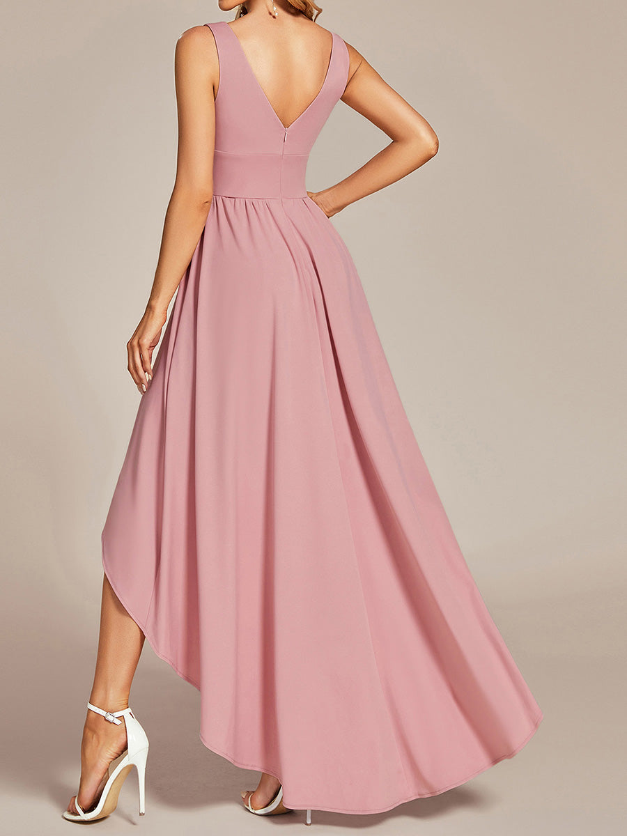 Robe de soirée longue au sol à taille empire et à encolure en V #Couleur_Rose fumee