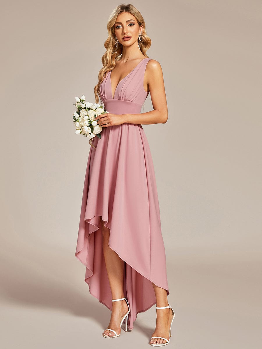 Robe de Bal Demoiselle d'Honneur longue au sol à taille empire et à encolure en V #Couleur_Rose fumee