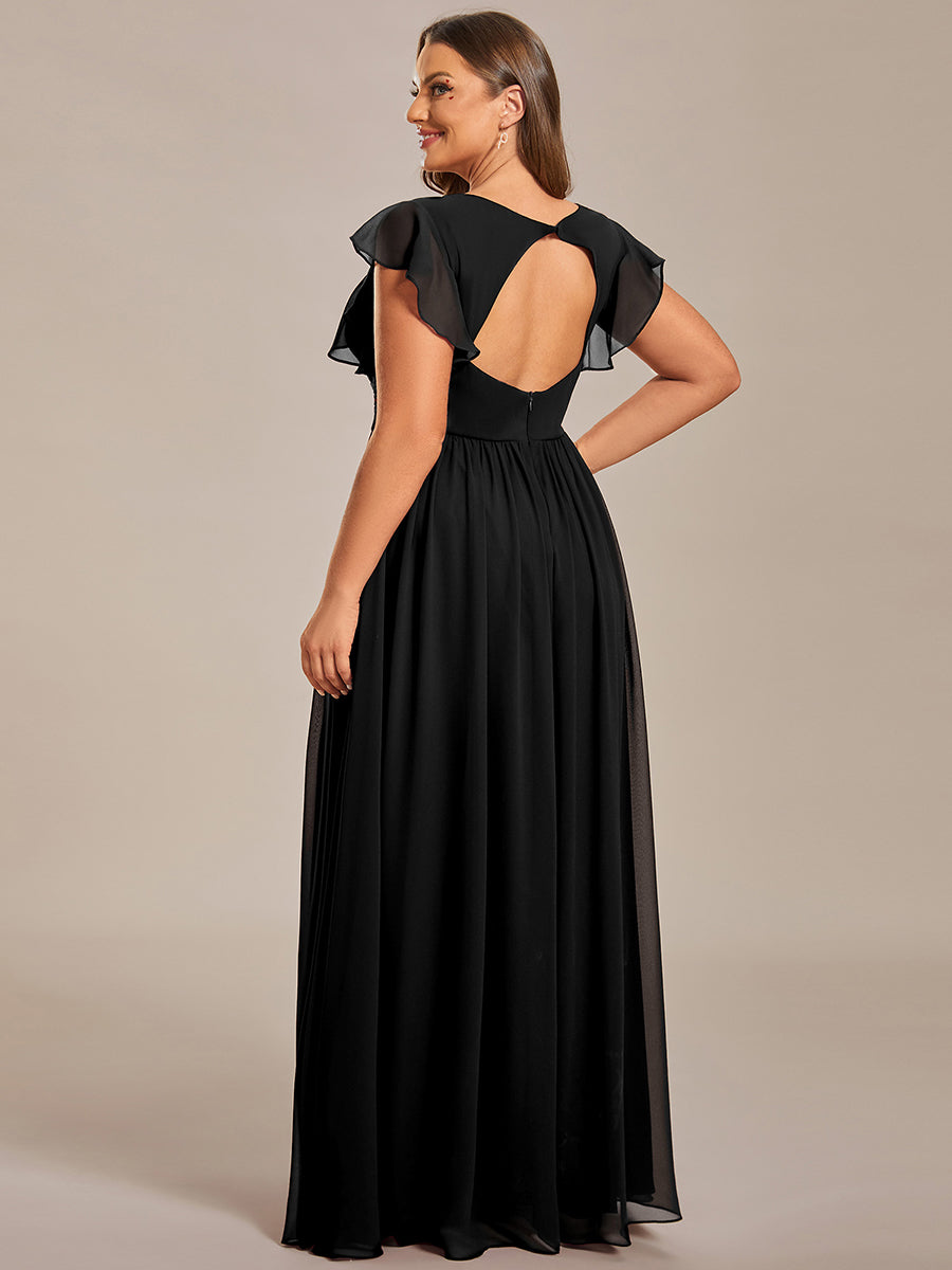 Robe demoiselle d'honneur Curvy mousseline manches plissées avec découpe au dos #Couleur_Noir