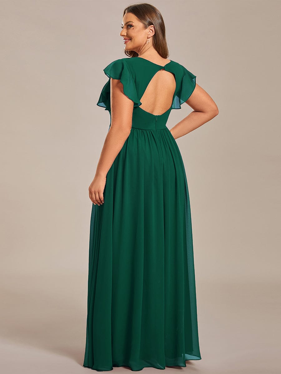 Robe demoiselle d'honneur en mousseline manches plissées avec découpe au dos #Couleur_Vert Fonce